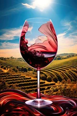  red wine glass, wine swirling, vineyard in background   © Barbara Taylor