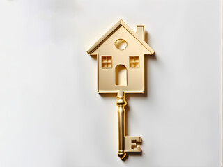 housewarming concept, golden key in the shape of a house top view, flatlay