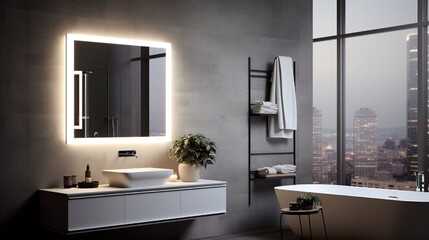 A smart bathroom mirror with built-in LED lighting and temperature display. - obrazy, fototapety, plakaty