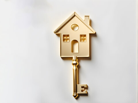 housewarming concept, golden key in the shape of a house top view, flatlay