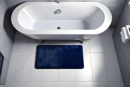 dark blue bath mat on the bathroom floor with white tiles