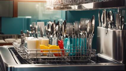 Clean dishes in an open dishwasher - obrazy, fototapety, plakaty