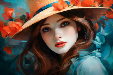 Portrait de femme portant un chapeau, peinture