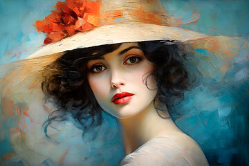 Portrait de femme portant un chapeau, peinture
