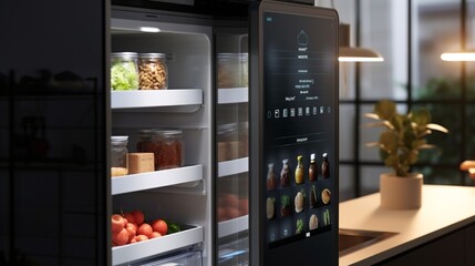 A smart refrigerator with built-in cameras, allowing users to check its contents remotely.