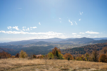 Tops of Golija mountain hills with gloomy and cloudy sky on the horizon 