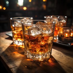 Whiskey on the rocks with ice cubes on a dark blurred background  on a wooden table in a bar
