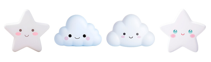 Children’s 3D Rendering Banner: A Cute Set of Clouds and Stars - Star and Cloud Bath Toys in Plastic Style, Isolated on Transparent Background, PNG