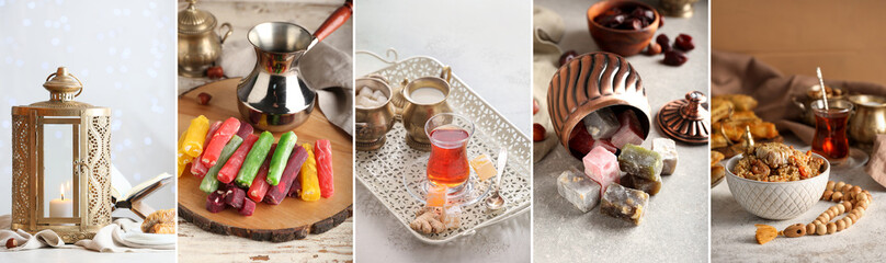 Set of Turkish coffee, tea, Muslim lantern and traditional food