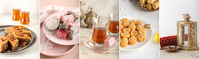 Collage of Turkish tea, Muslim lantern and traditional sweets