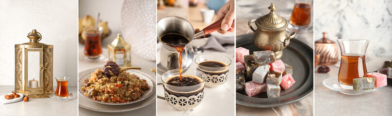 Collage of Turkish coffee, tea, Muslim lantern and traditional food © Pixel-Shot
