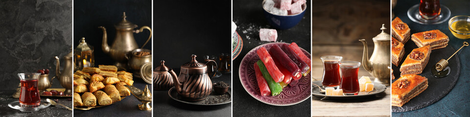 Collection of Turkish tea and traditional sweets on dark background