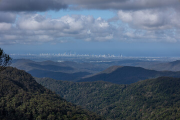 Gold Coast city, an extremely popular tourist destination, as seen from Springbrook in Lamington...