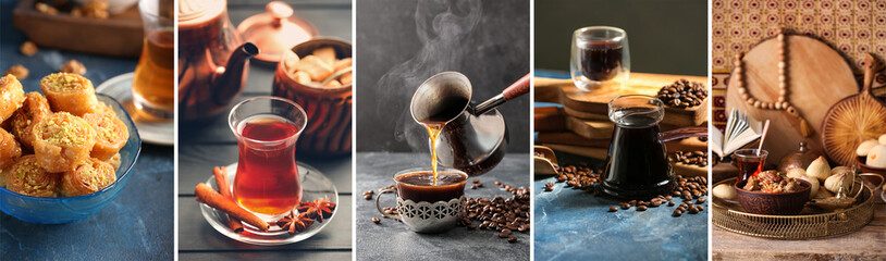 Collection of Turkish coffee, tea and traditional food on dark background