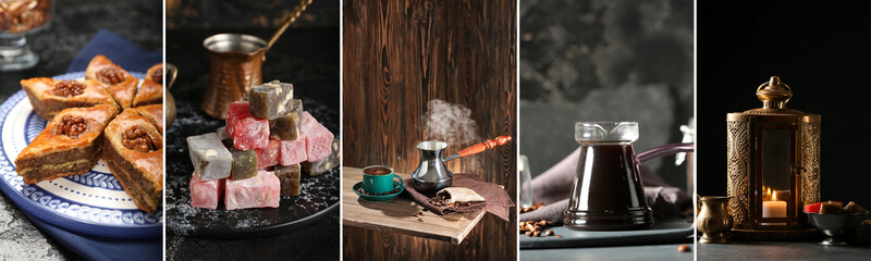Set of Turkish coffee, Muslim lantern and traditional sweets on dark background