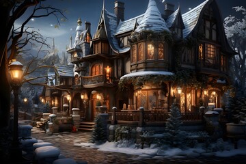 Christmas cottage in the forest at night. Winter landscape. 3d rendering