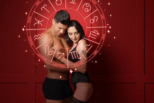 Passionate young couple and Zodiac wheel on red background. Sexual compatibility horoscope