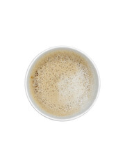 Top view of white paper disposable Irish coffee cup with foam is isolated on transparent background.
