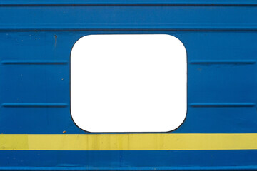 Empty window with copyspace on a blue passenger car of a train with a yellow stripe below.