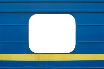 Empty window with copyspace on a blue passenger car of a train with a yellow stripe below.