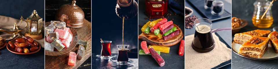 Collection of Turkish coffee, tea and traditional sweets on dark background