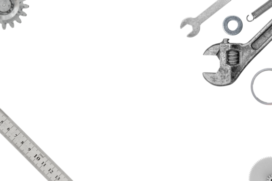 Metal tools for working is isolated on transparent background, grungy background image with copy space.