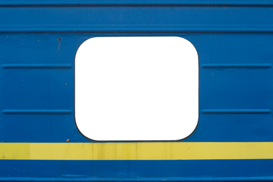 Empty window with copyspace on a blue passenger car of a train with a yellow stripe below.