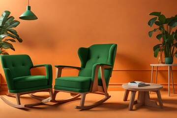  Green easy chairs and light on orange backdrop