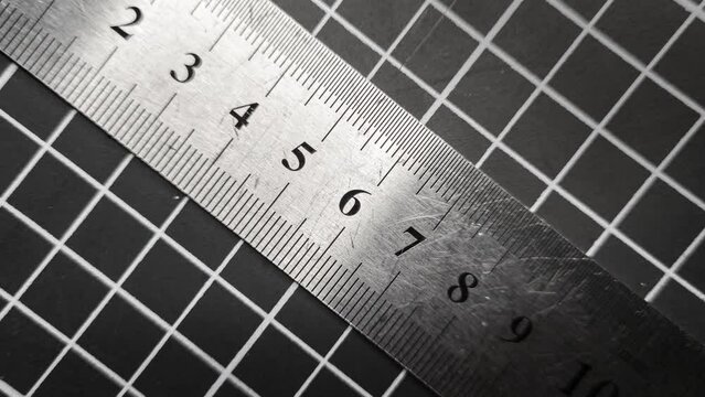 The numbers change on a metal ruler that mowes diagonaly and quickly changes numbers against the background of the grid on the cutting mat. Stop motion.