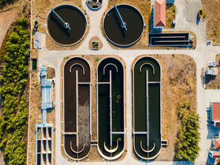 Grey water cleaning facility at wastewater treatment plant, top down aerial shot. Purification of...