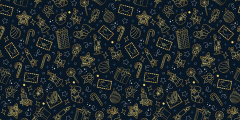 Vector pattern with golden outline symbols of Christmas and New Year. Illustration on dark blue background. Festive wallpapers or background for the banner
