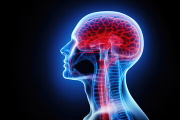 Red and Blue Profile highlighting a man's brain within his head.