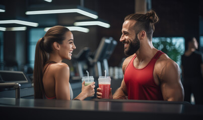 Man and woman talking in gym cafeteria.
