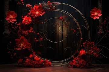 Maternity backdrop, wedding backdrop, photography background, maternity props, Light hoop weaved red dahlias, elegant wall background, flowing satin drape, backdrop, giant flowers,  floral hoop,