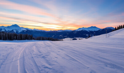Dawn breaks over a serene snowy landscape, with ski tracks leading into the wilderness.