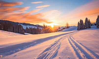 The day's last light fades over a peaceful, snow-blanketed ski slope and forest.