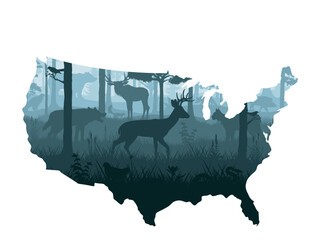USA map - woodland forest with deer, grey wolf, eagle, skunk, lynx, quail, hog, snake, moose, jay and black bear