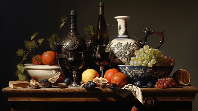 A still life composition of carefully arranged objects, painted with meticulous attention to detail and realistic textures.