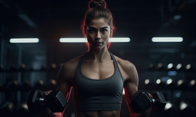 Bodybuilding athlete woman in gym doing exercises with weights.