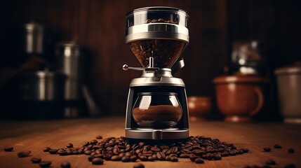A stylish coffee grinder with a pile of freshly ground coffee beans.