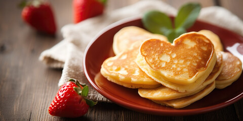 Heart-shaped hot cakes on red plate. Valentine's Day, anniversary, mother's day, birthday.
