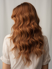 The image showcases a woman's back view with her hair styled in luscious auburn curls, the soft waves cascading down elegantly against a light blouse and a neutral backdrop, emphasizing the rich color - obrazy, fototapety, plakaty