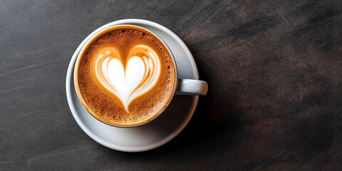 Cup of coffee with heart in the foam, on table. Space for text 