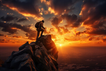 Sport climbing, bouldering and rappelling athlete man on stone and rock wall at sunrise. - obrazy, fototapety, plakaty