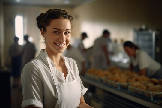 A young woman baker worker smiling positive uniform, working in a bakery preparing bread for sale shop.