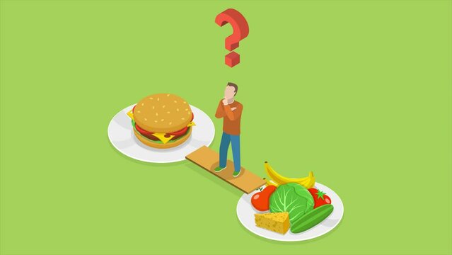 Health or junk food isometeric animation in 4K UHD 3840x2160. Man on the bridge between plate with junk and healthy food is thinking which to choose
