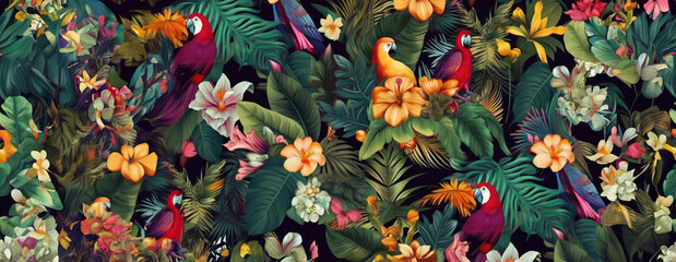 Tropical exotic pattern with animal and flowers in bright colors and lush vegetation. Ai Generative. - obrazy, fototapety, plakaty