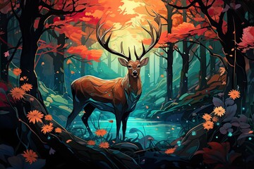 a deer in a forest with birds Generative AI