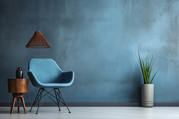 Design a realistic depiction of a  living room interior mockup with blue chair, lamp and plant. Blank blue concrete wall with scratches