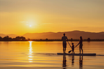 Serene Silhouettes of a Happy Family Stand-Up Paddleboarding at Sunset, Embracing Natures Splendor